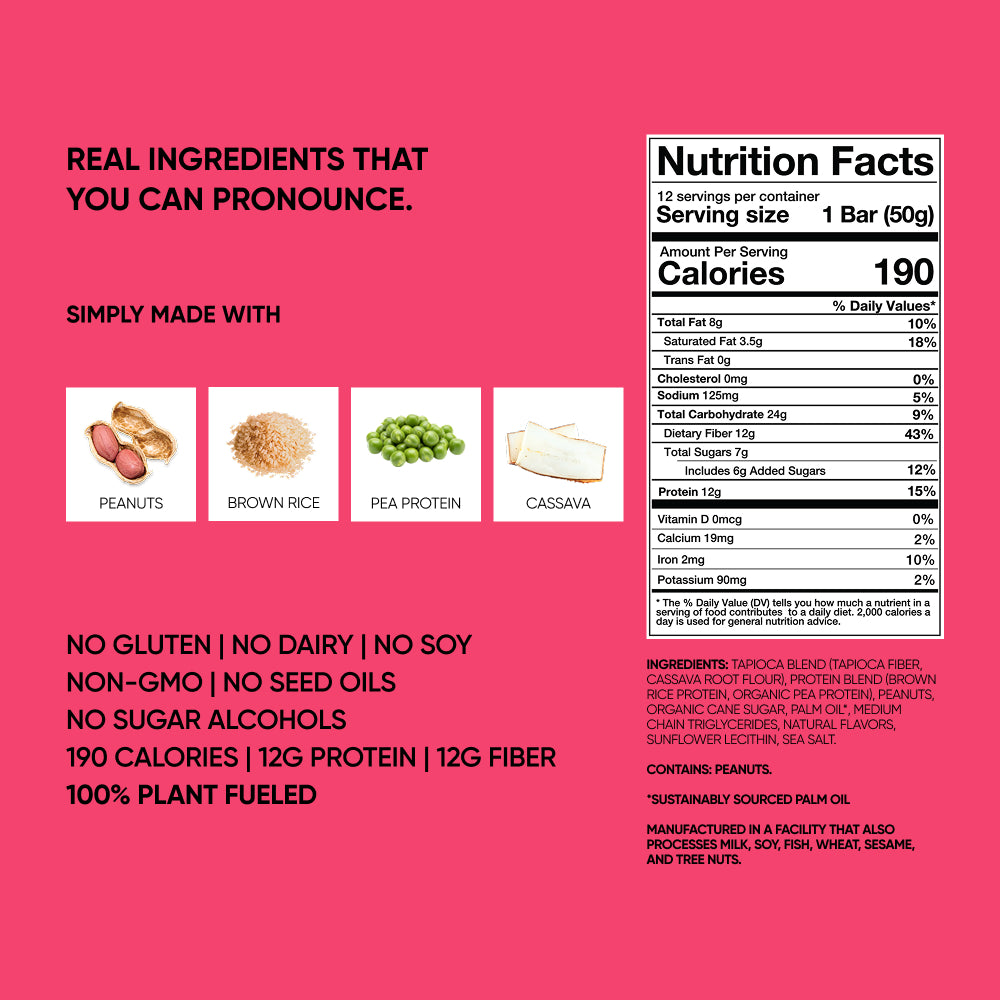 TRUBAR protein bar info panel with nutrition facts and ingredient icons
