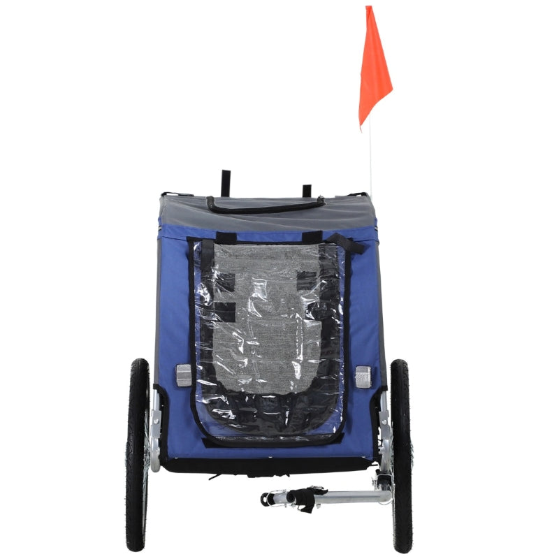 Rear view of folded pet bike trailer cart with transparent mesh window panels