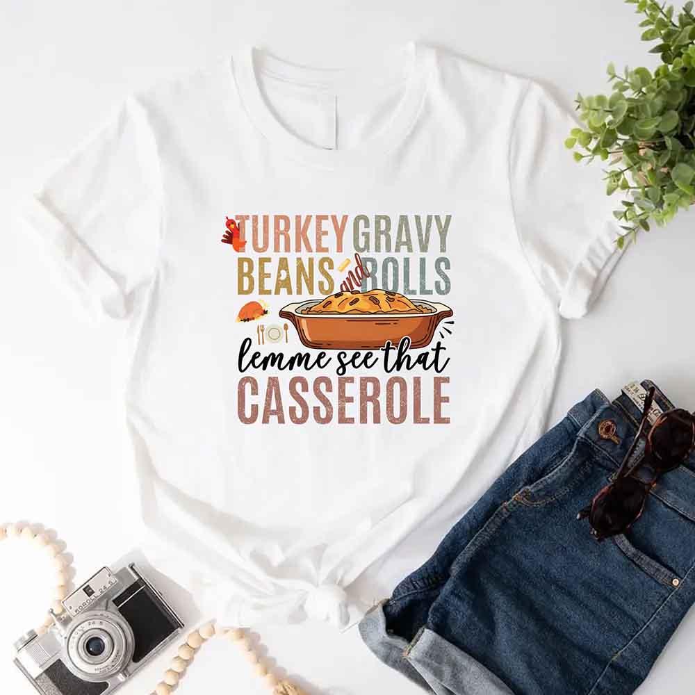White crewneck T-shirt with colorful Thanksgiving casserole graphic