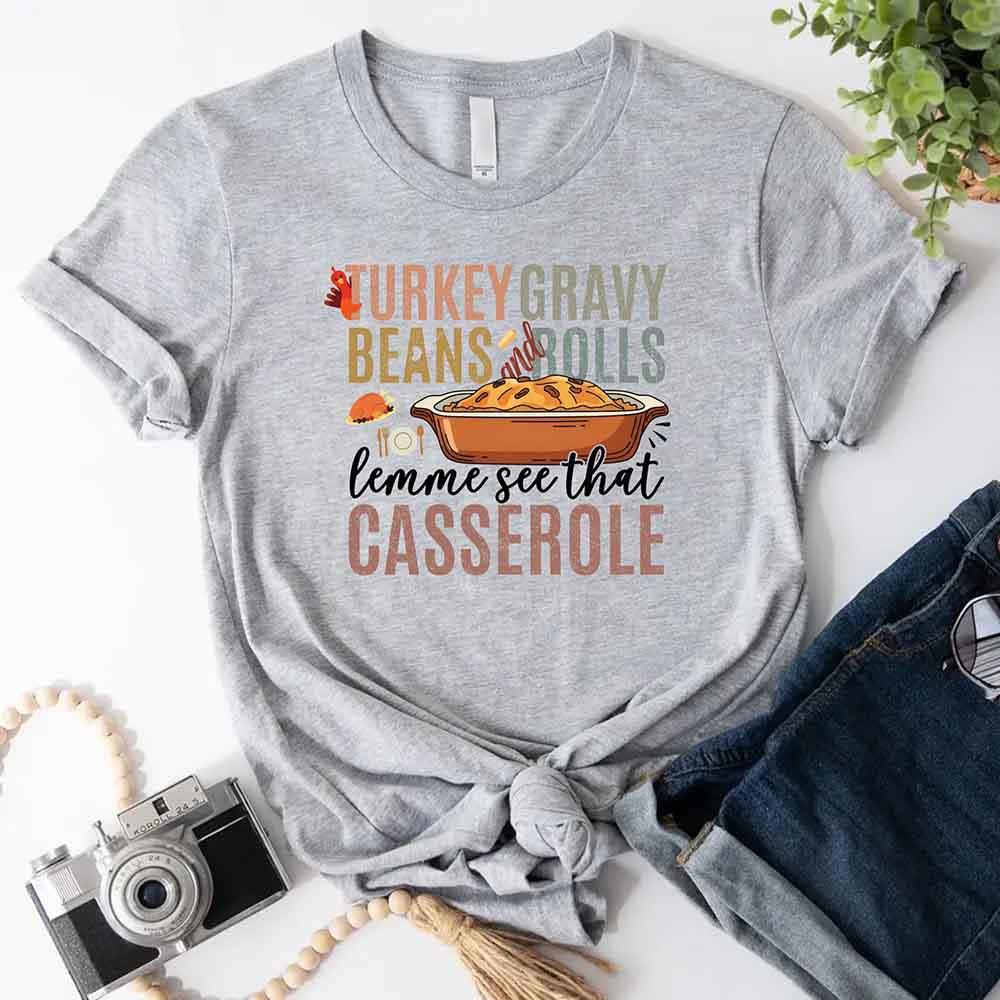 Grey graphic T-shirt with Turkey gravy beans and rolls casserole front print