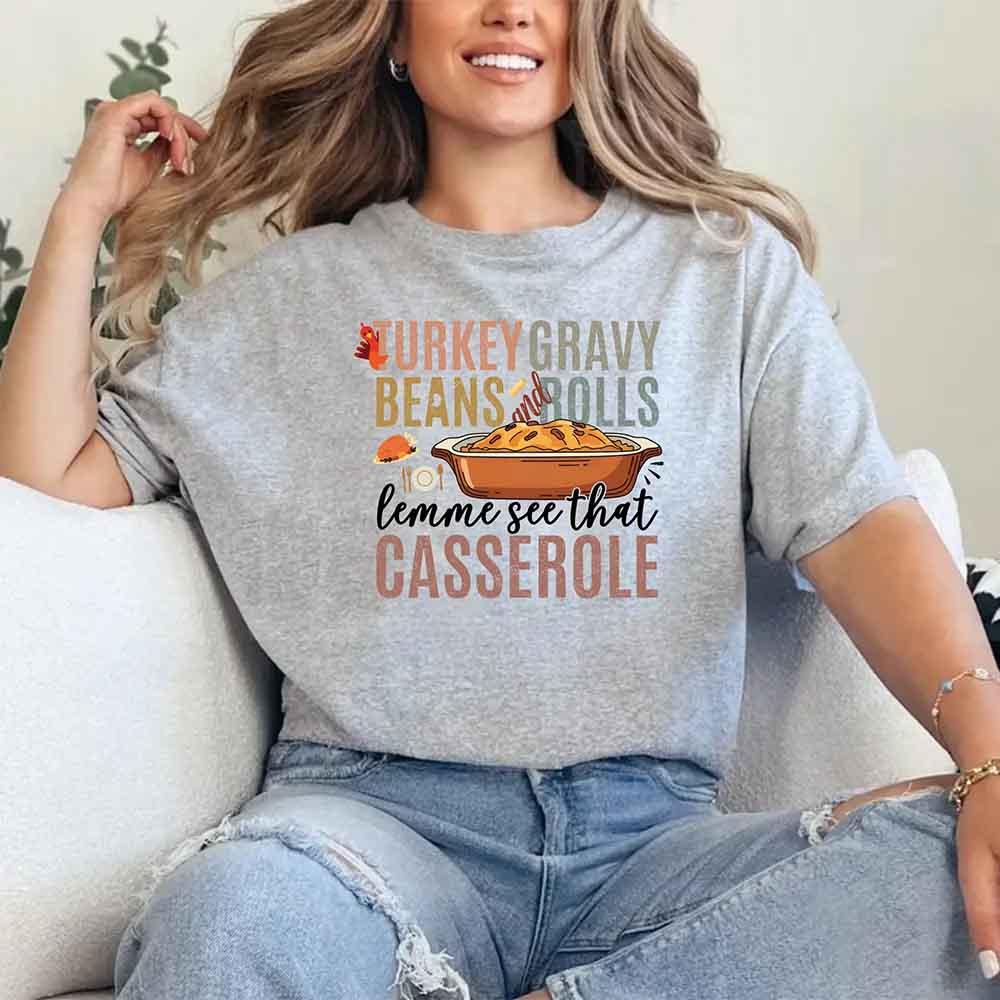 Grey crewneck T-shirt with colorful Thanksgiving casserole graphic
