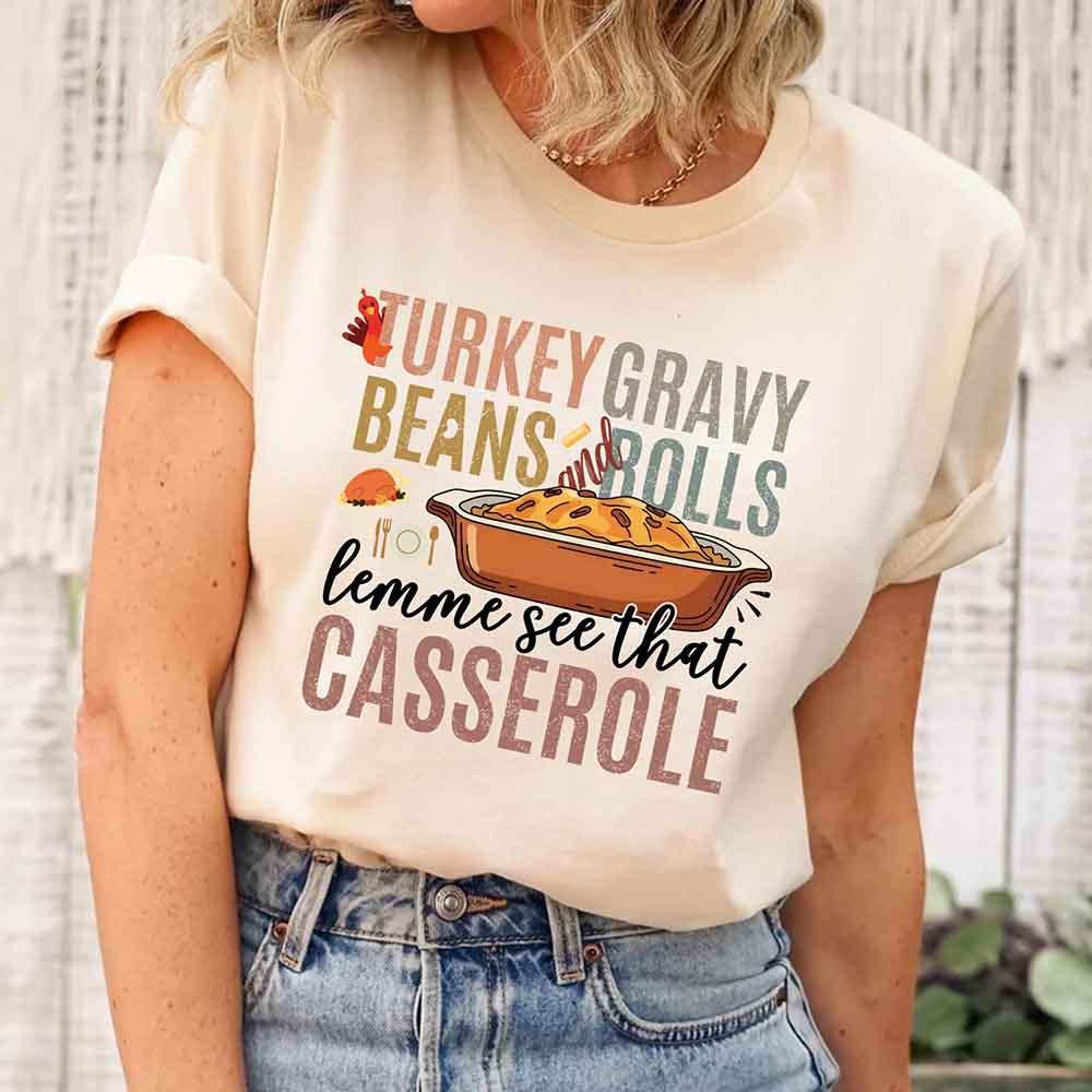 Cream crewneck T-shirt with colorful Thanksgiving casserole graphic