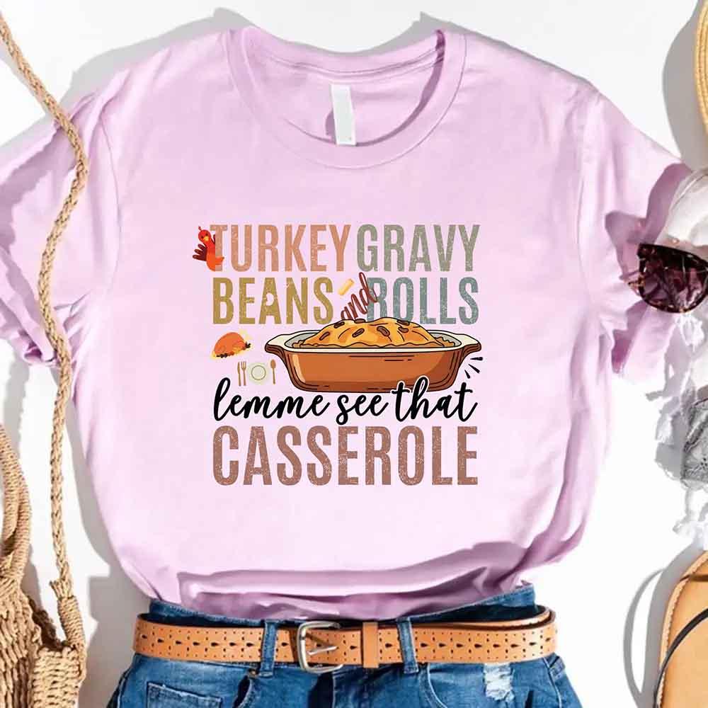 Lilac graphic T-shirt with Turkey gravy beans and rolls casserole front print