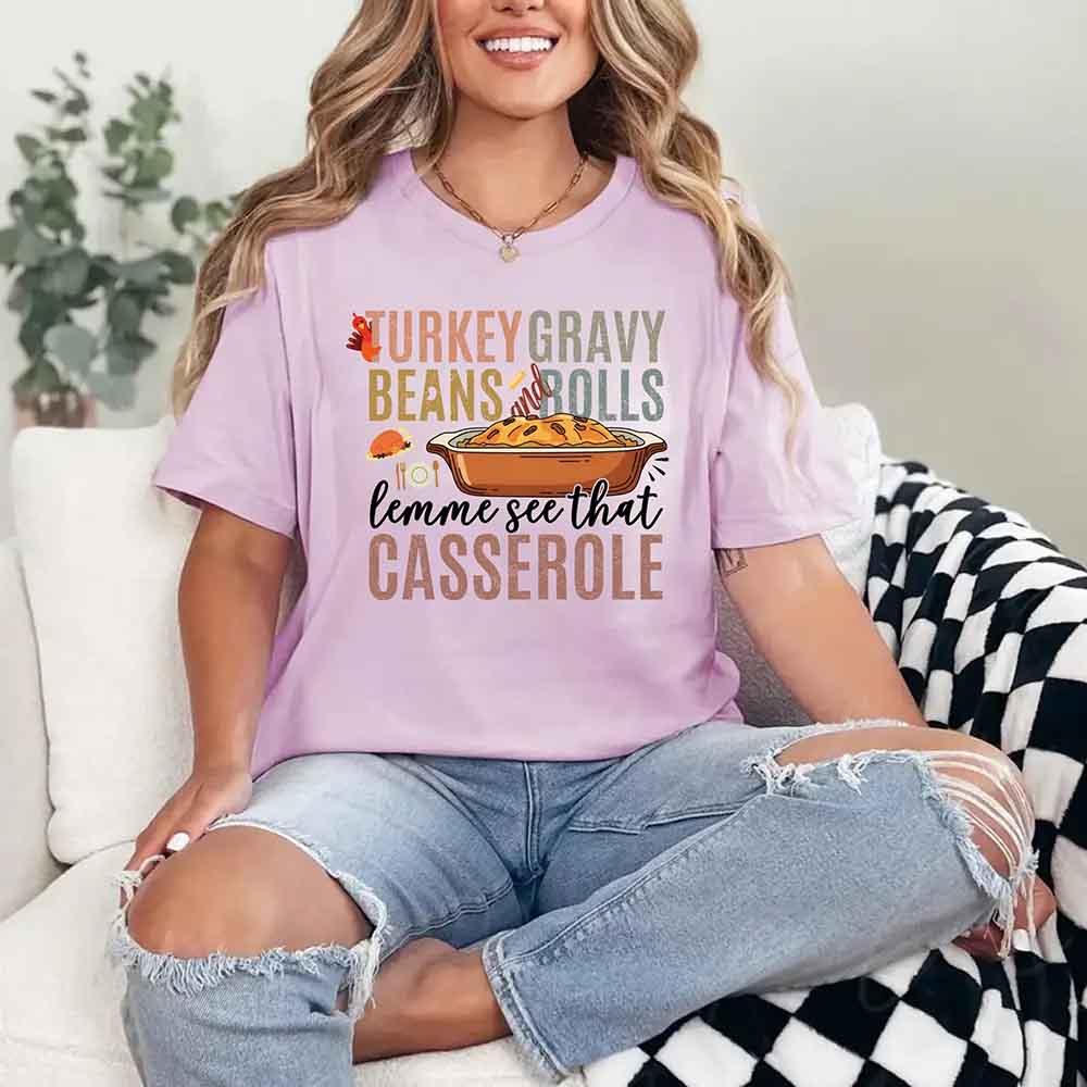 Pink graphic T-shirt, crew neck, with Turkey gravy beans and rolls casserole front print