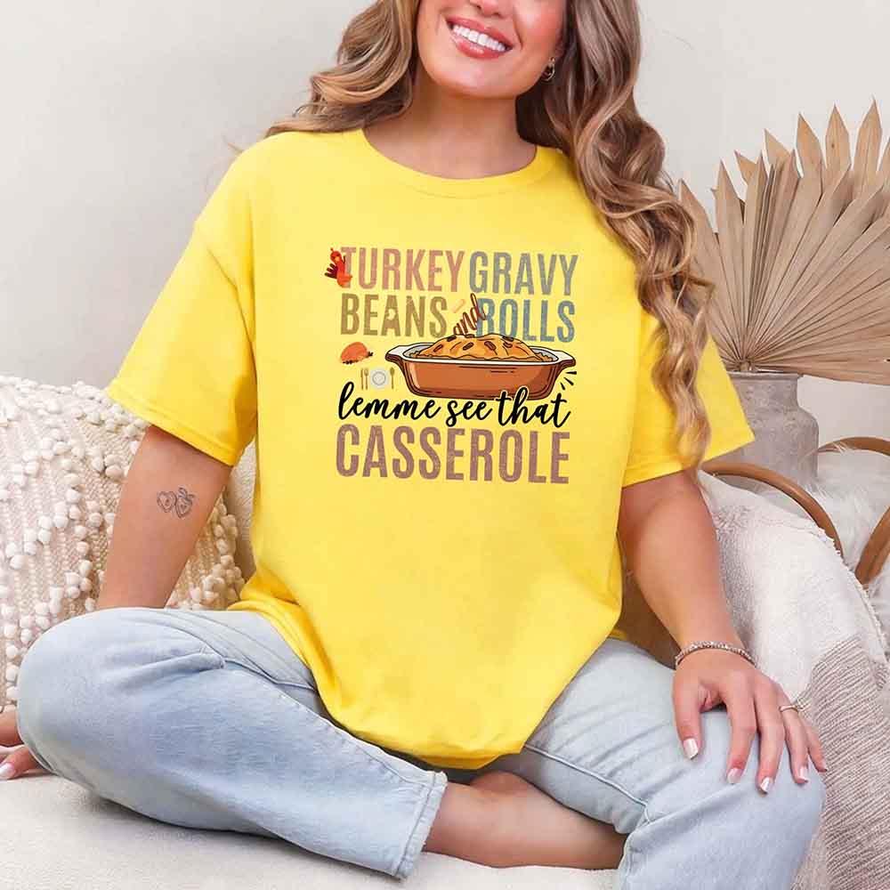 Yellow graphic T-shirt with Turkey gravy beans and rolls casserole front print