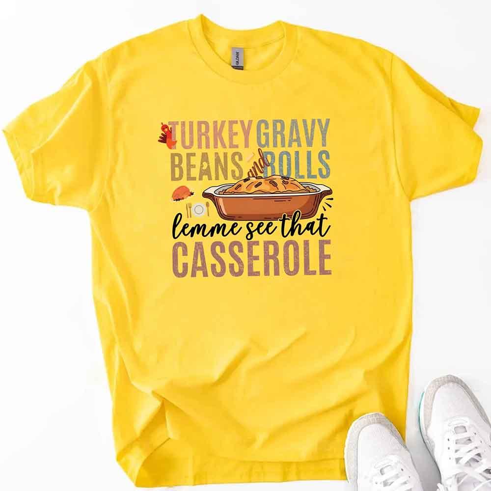 Yellow crewneck T-shirt with colorful Thanksgiving casserole graphic on front