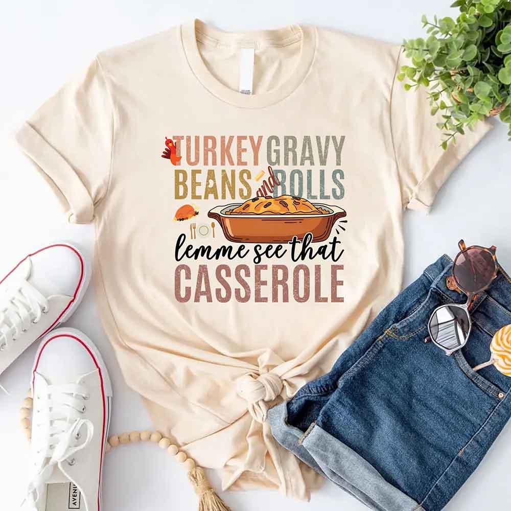 Cream graphic T-shirt with Turkey gravy beans and rolls casserole front print