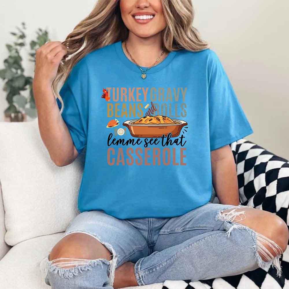 Blue graphic T-shirt with Turkey gravy beans and rolls casserole front print