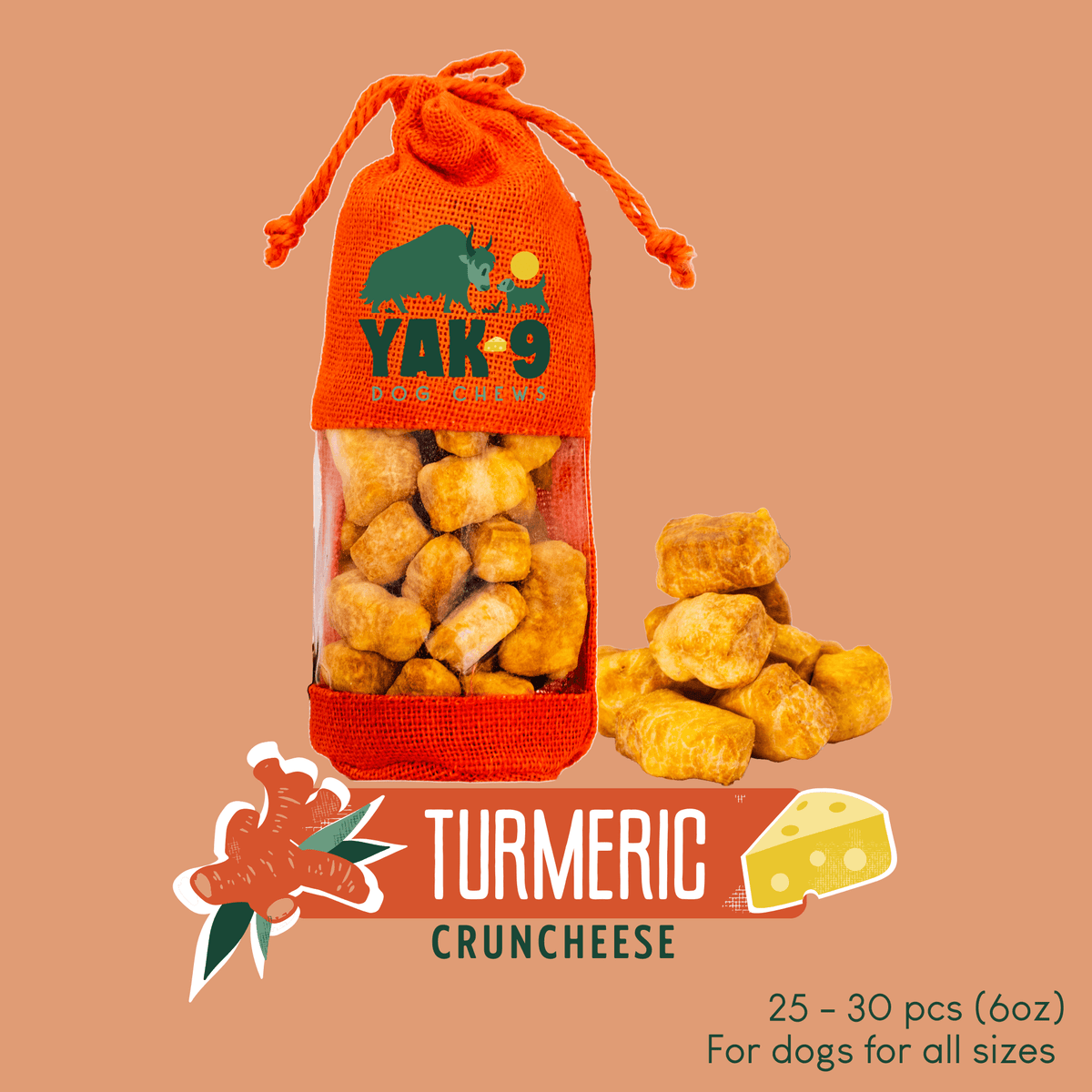 Yak 9 dog chews pouch with crunchy bites, Turmeric flavor, cloth drawstring bag