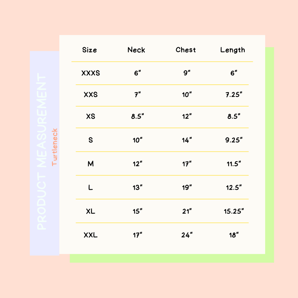 Size chart listing neck, chest, and length measurements for XXS to XXL