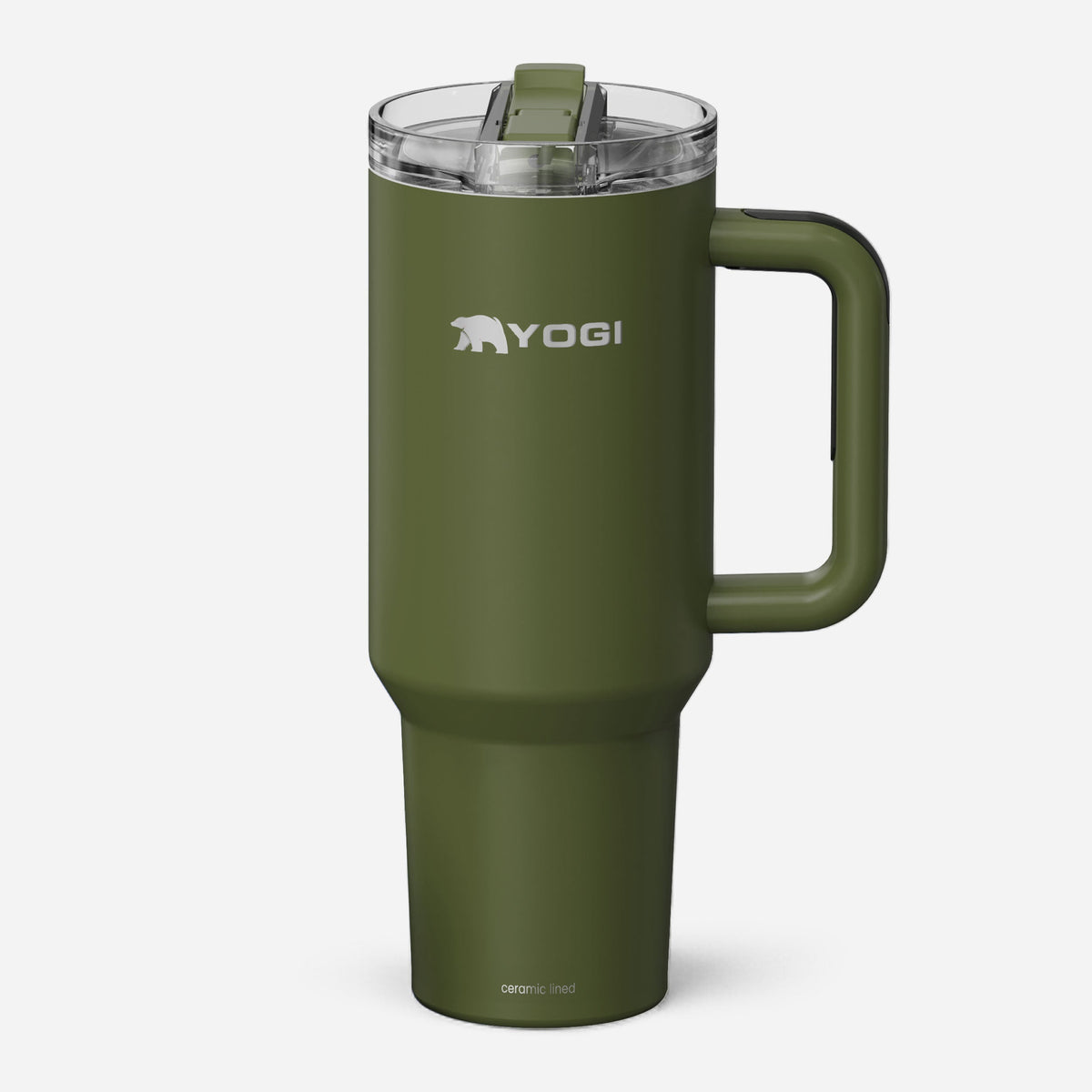 Ceramic-lined evolution tumbler, dark green with clear lid and large side handle