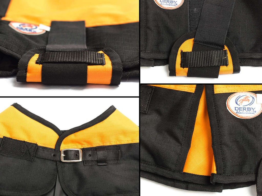Orange and black dog coat with adjustable chest straps and plastic buckles
