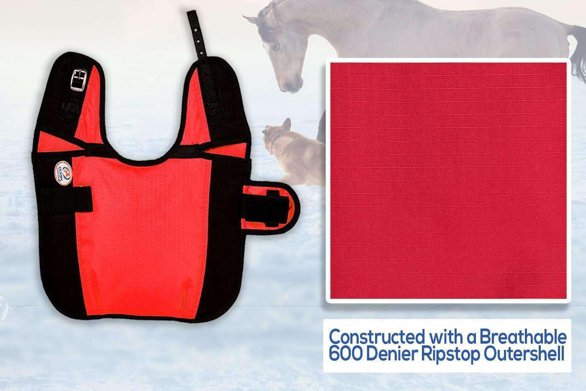 Red and black waterproof dog coat with adjustable straps and side fastening buckles