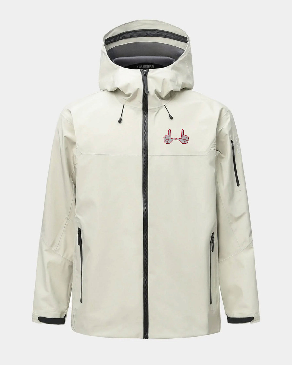 Bone hooded jacket with full zipper and orange U swoop chest logo.