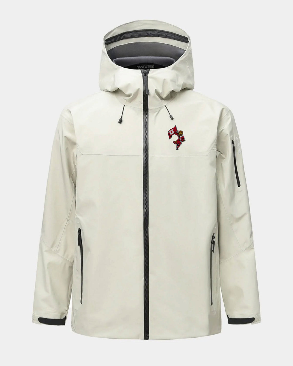 Bone hooded jacket with full zipper and red-and-black mascot patch at chest.