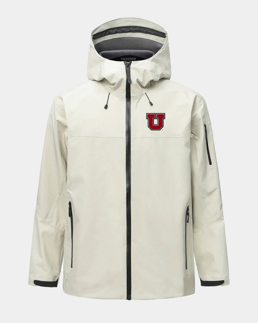 Bone hooded jacket with full zipper and red 'U' chest logo.