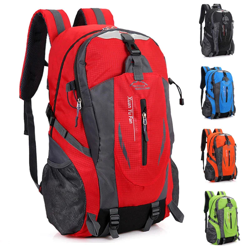 40L travel backpack in red and black with top handle, side straps, and front zipper compartments