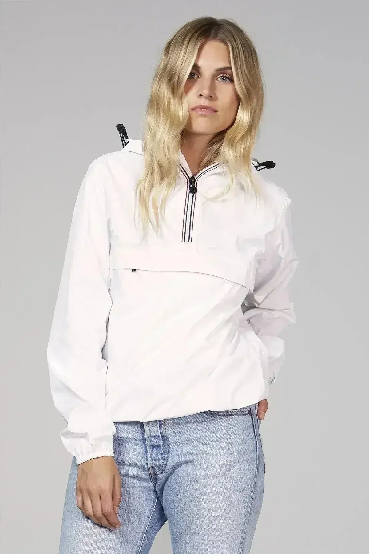 White quarter-zip rain windbreaker jacket with hood and drawcord hem