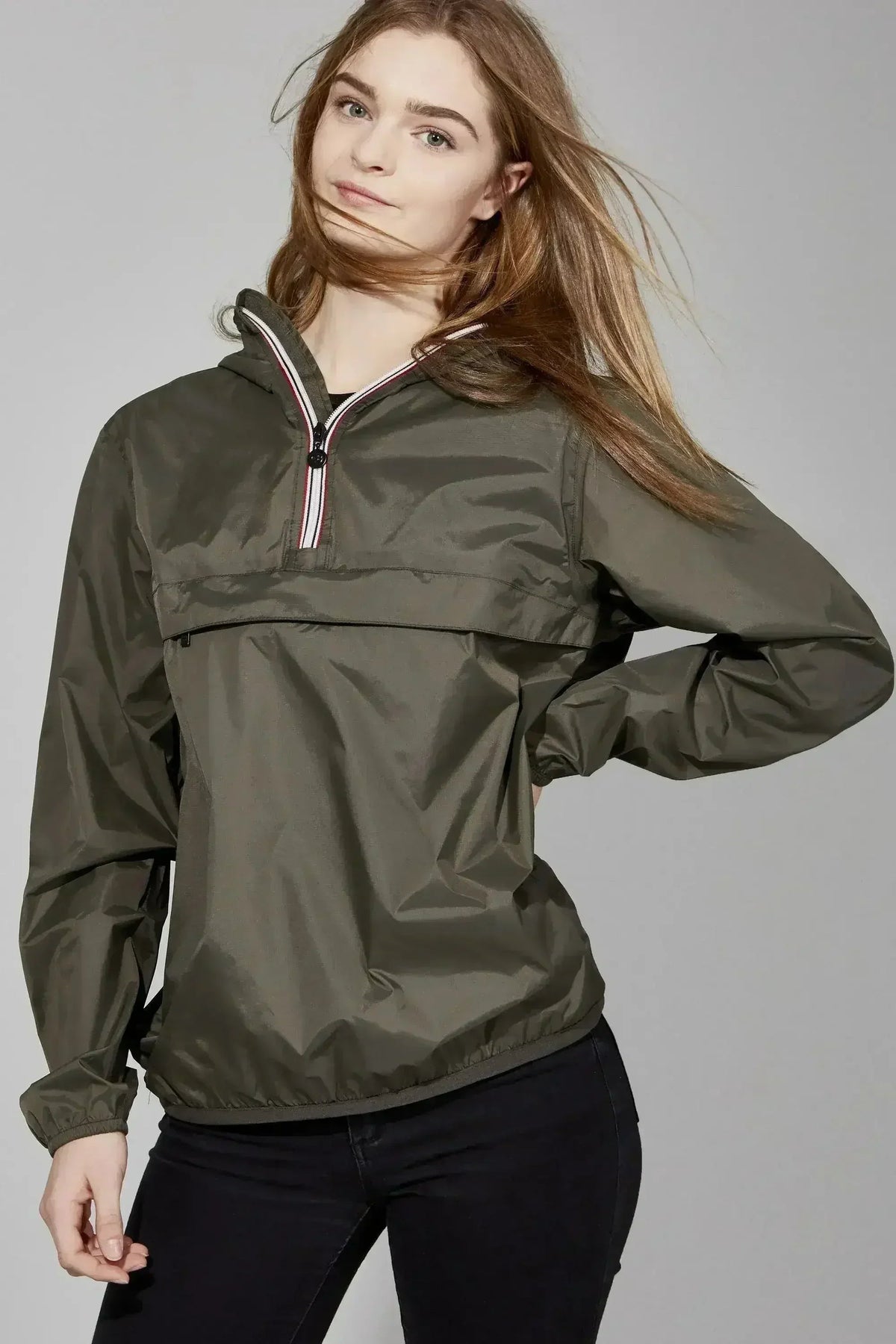 Dark olive quarter-zip packable rain jacket with hood and striped zipper pull