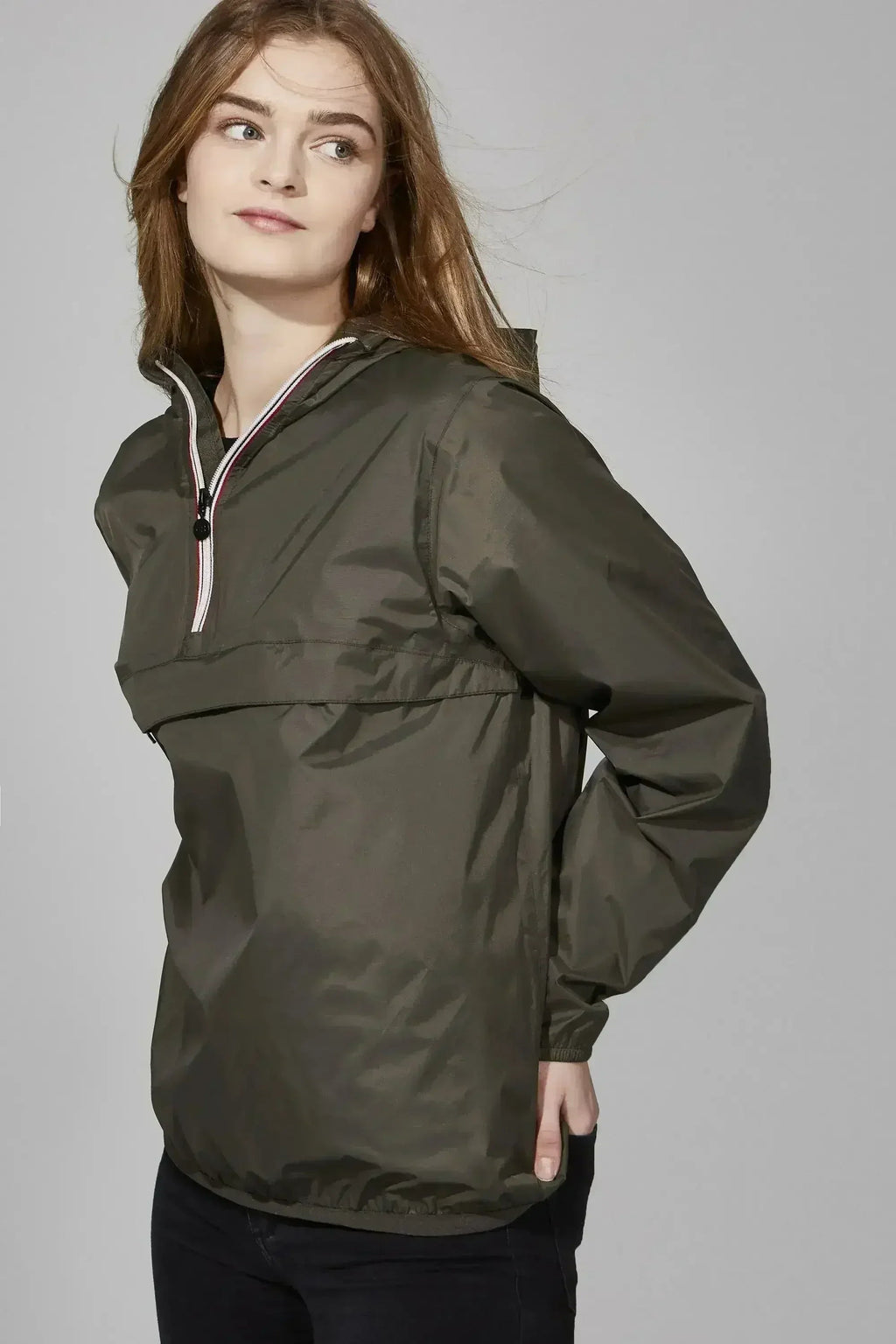 Dark olive quarter-zip lightweight packable rain jacket with hood