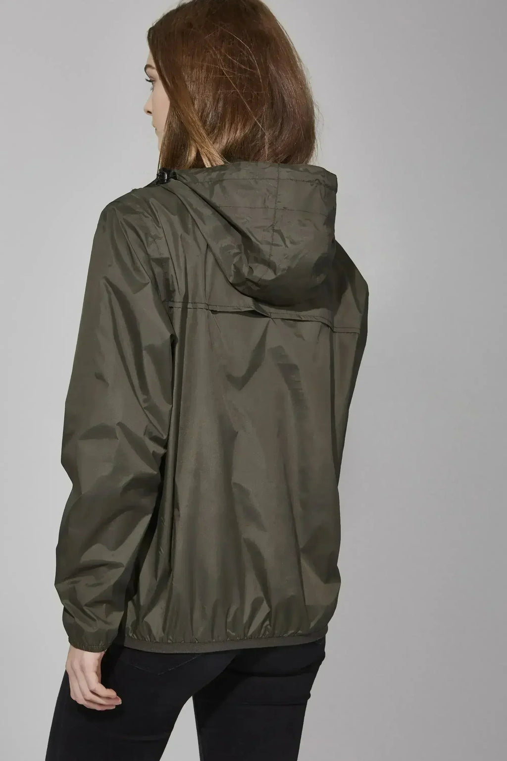 Dark olive rain jacket with hood, back view, elastic cuffs and hem