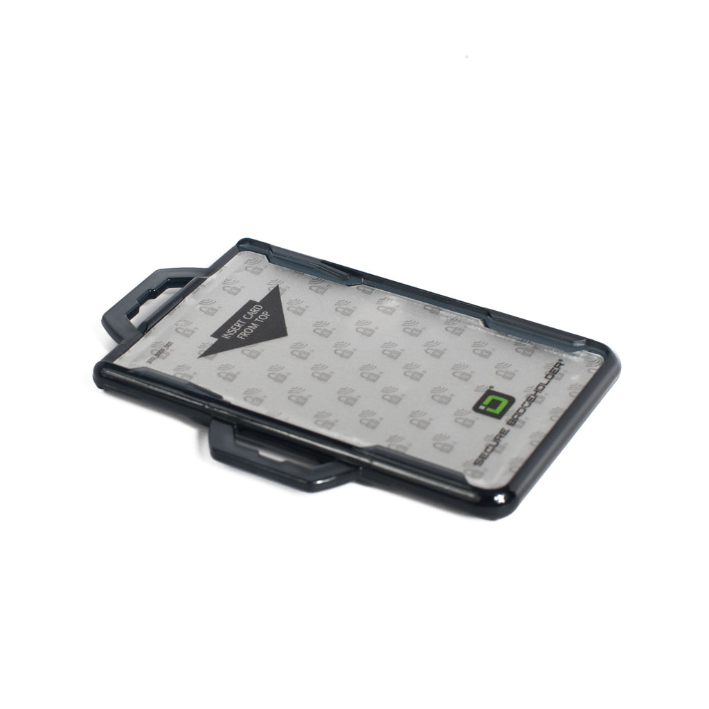 Black dual-hook badge holder with clear window and card insert from top label.