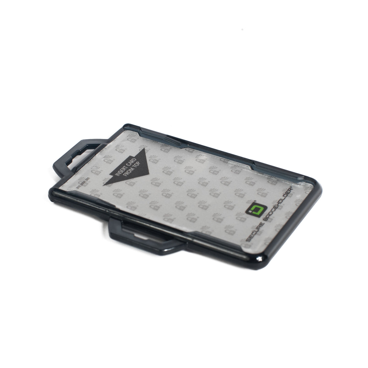 Black dual-hook badge holder with clear window and card insert from top label.