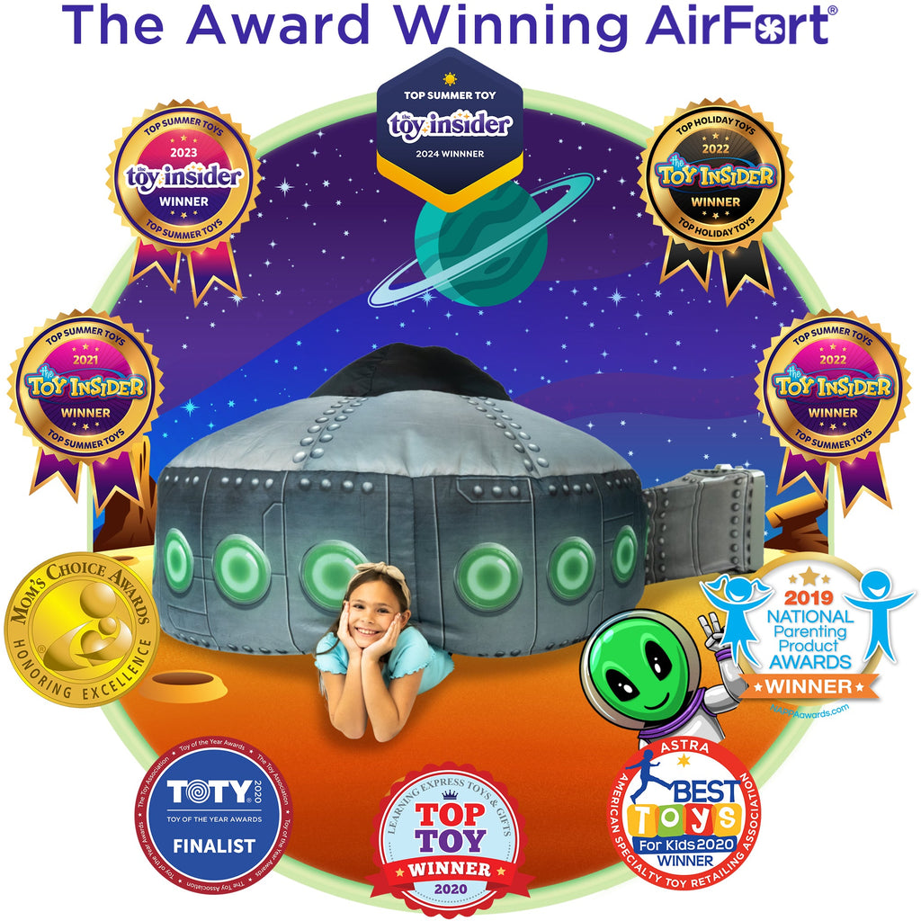 Inflatable award-winning UFO play tent with green lights, arched dome, and side section