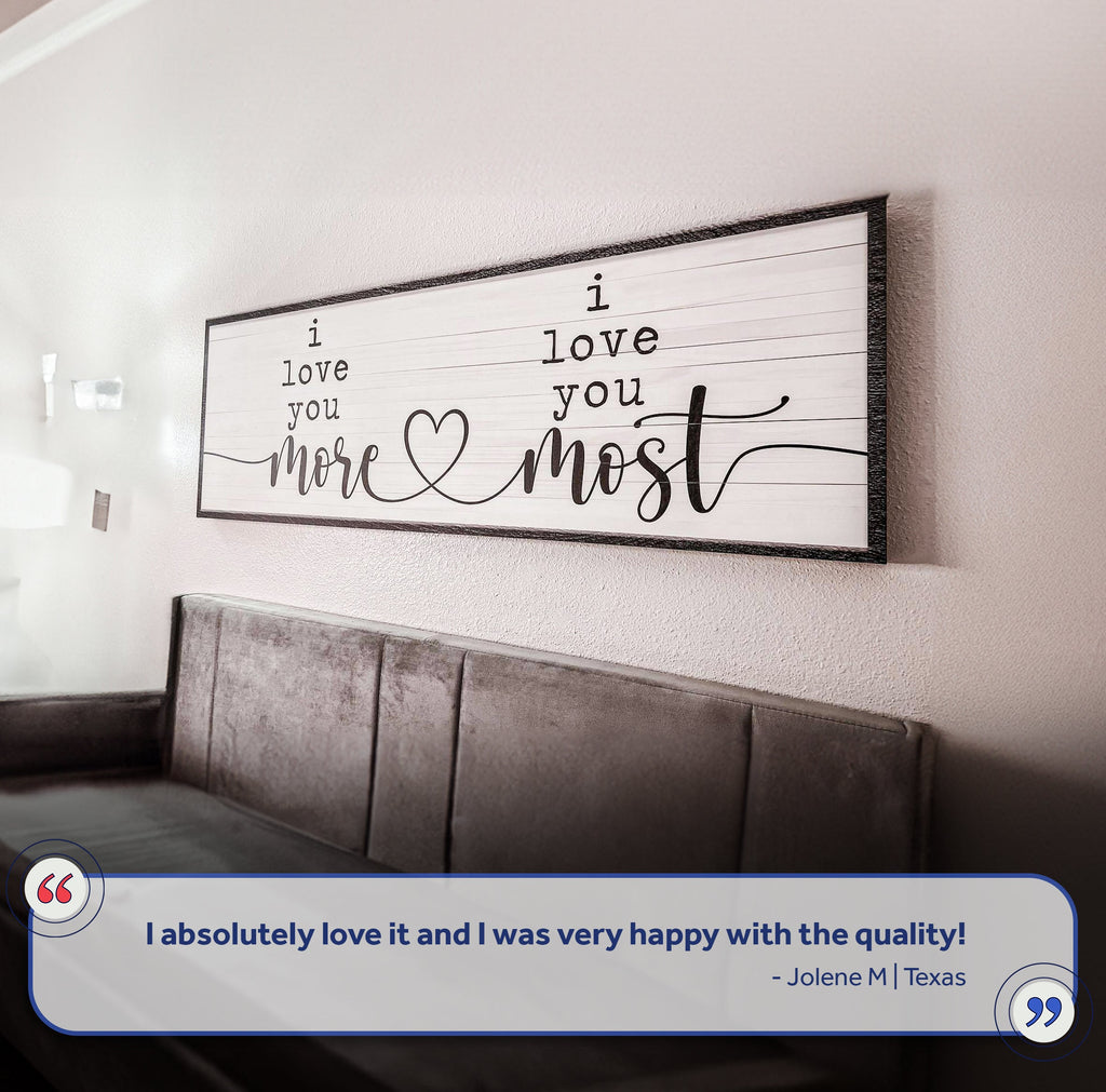Love you more and most wall canvas sign in dark frame with heart