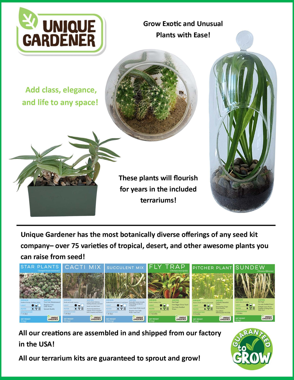 Seed kit information panel showing terrariums and assorted plant seed varieties