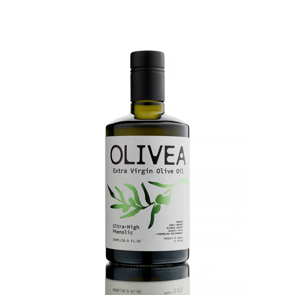 Extra virgin olive oil bottle with OLIVEA front label and black cap