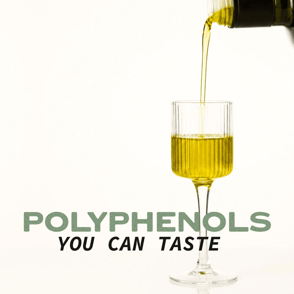 Pouring olive oil into a small glass cup with POLYPHENOLS text below