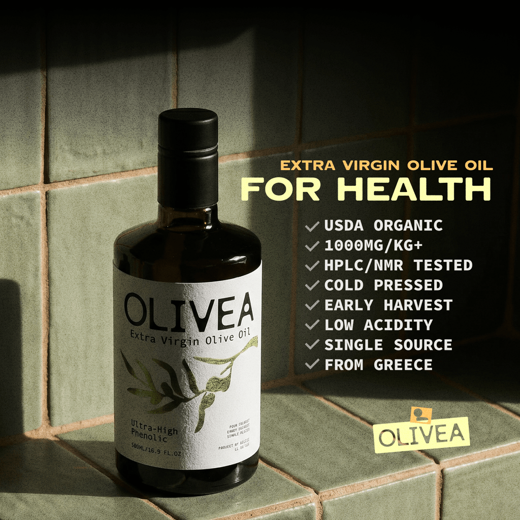 Extra virgin olive oil bottle with OLIVEA label and green leaf icon