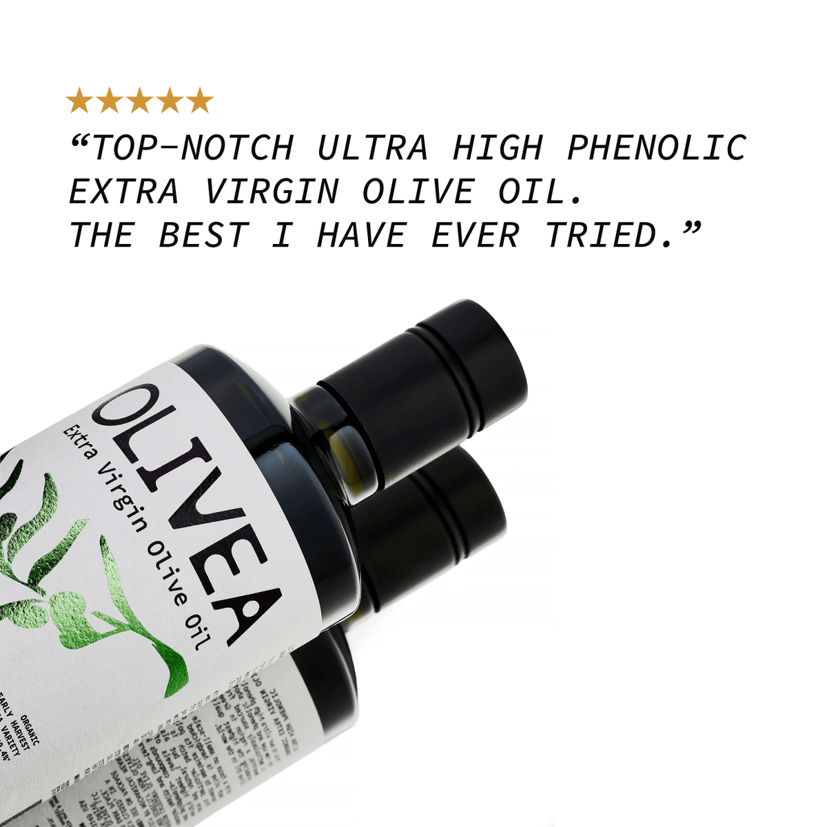 Extra virgin olive oil bottle angled with black cap and OLIVEA label