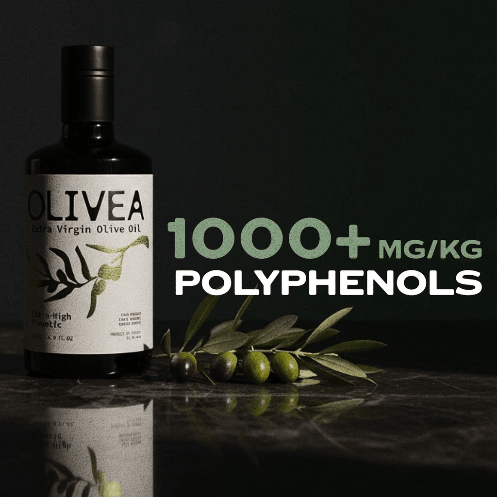 Extra virgin olive oil bottle with green olives and 1000+ mg/kg polyphenols text