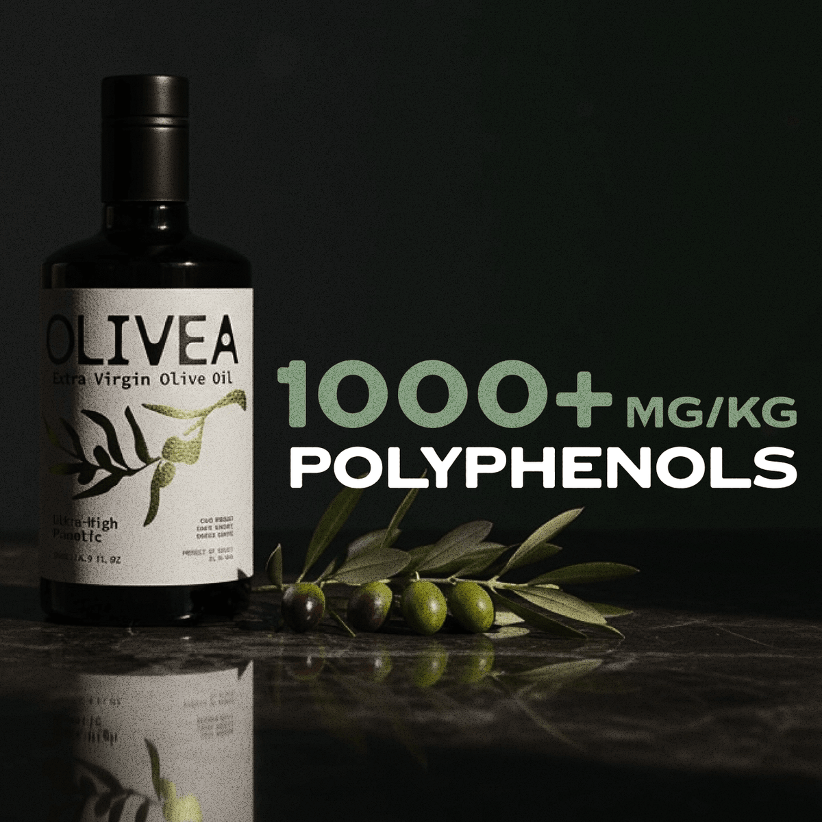 Extra virgin olive oil bottle with green olives and 1000+ mg/kg polyphenols text
