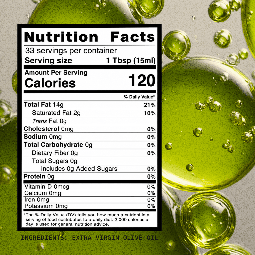 Nutrition Facts panel for extra virgin olive oil with calories and fat details
