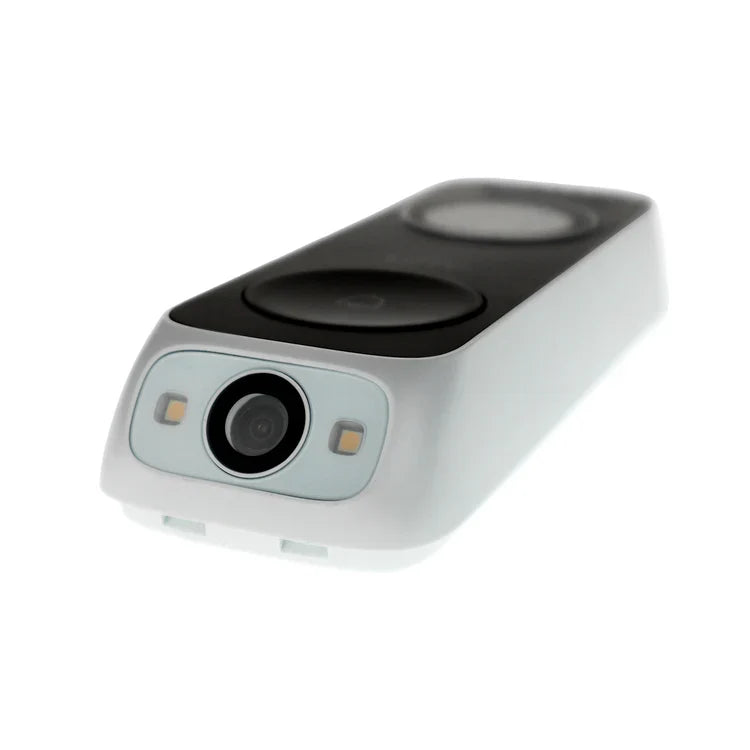 White video doorbell security camera module with camera lens and side status LEDs