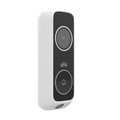 White and black video doorbell security camera with camera lens and bell button