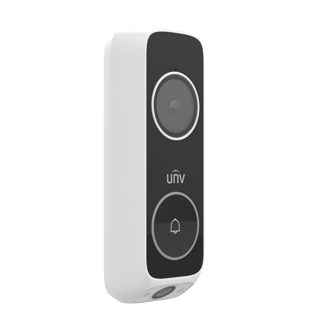 White and black video doorbell security camera with camera lens and bell button