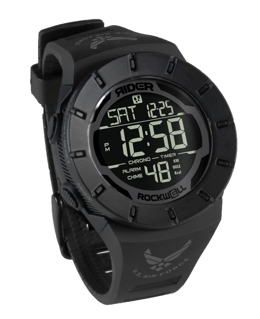 Black digital sports watch side view with round LCD display and chunky strap