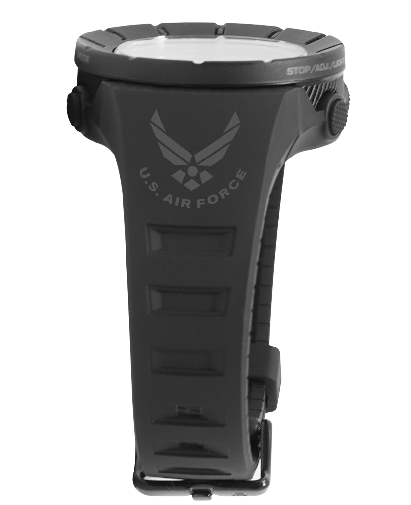 Black digital sports watch back with Air Force text and stop/adjust controls