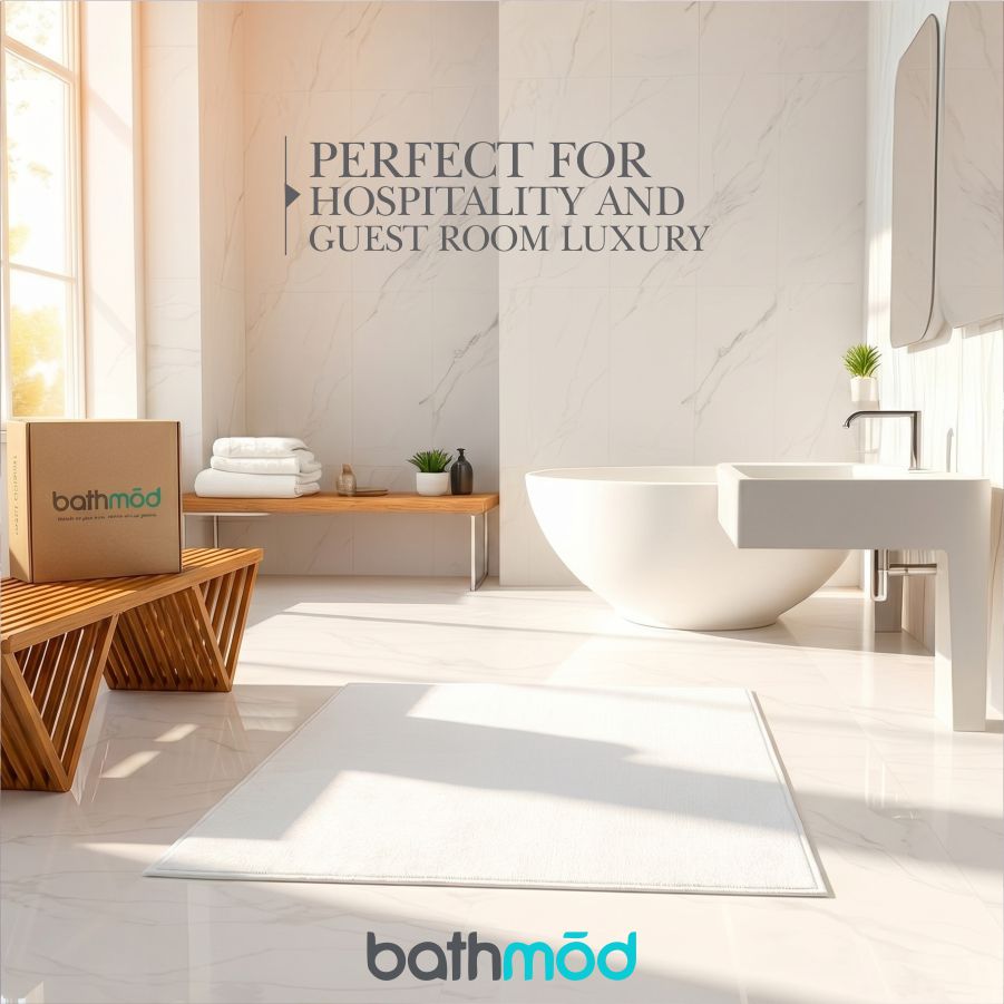 Organic bath mat in white, shown flat on a bathroom floor