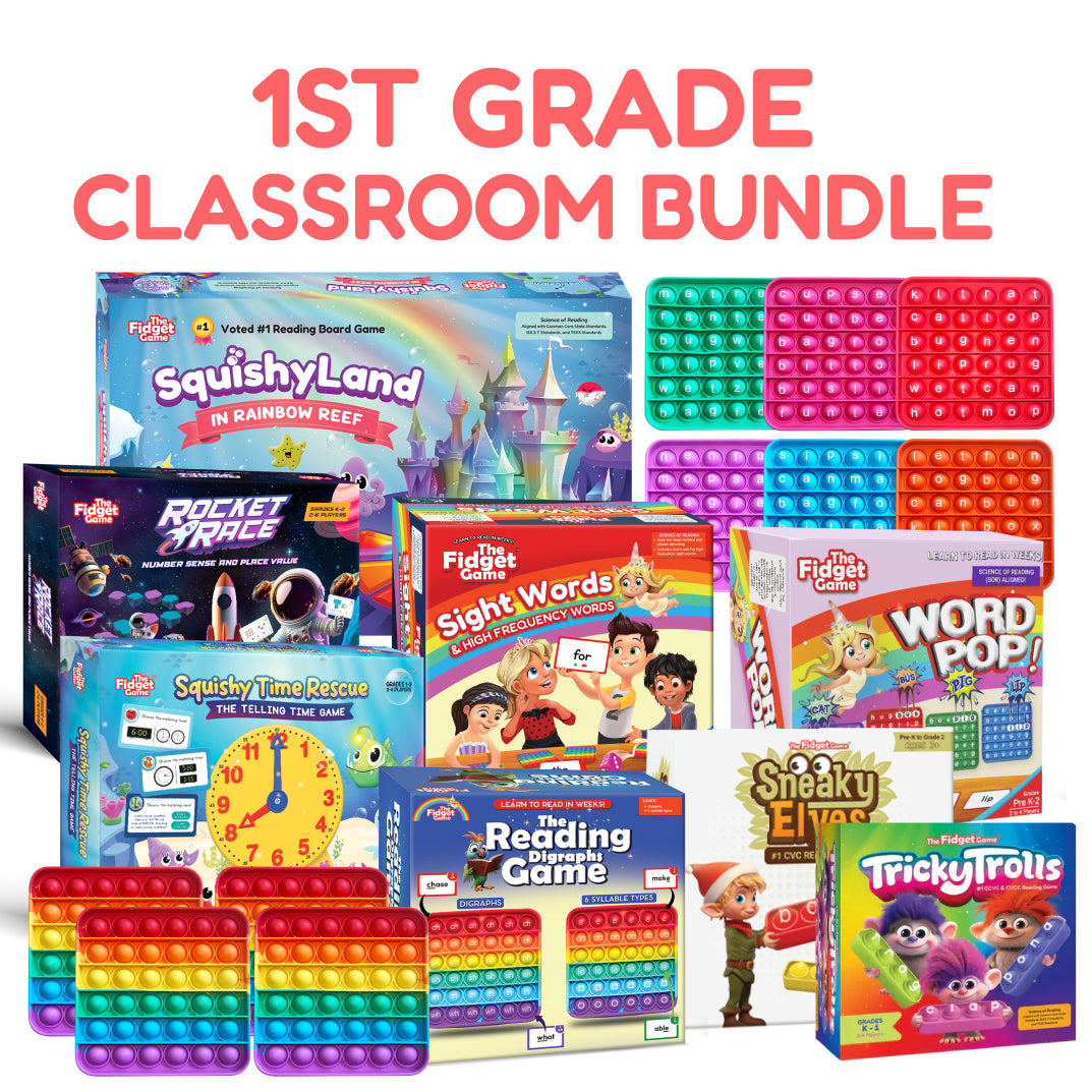 First grade classroom activity bundle with multiple board games, fidget mats, and word boxes