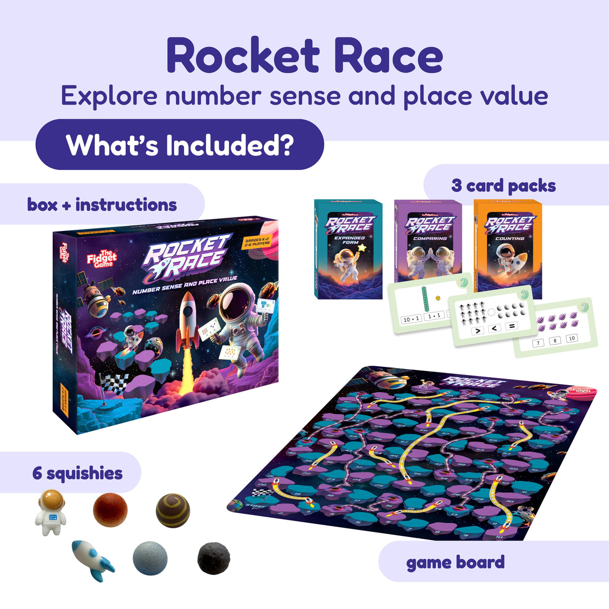Rocket Race number sense game bundle with squishy pieces, board, and card packs