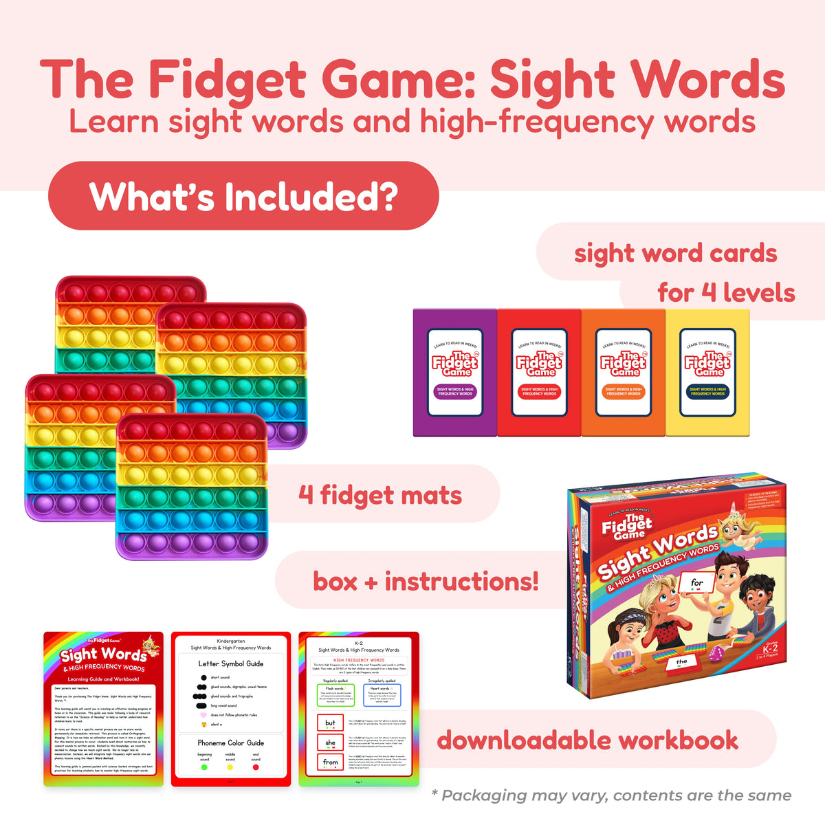Sight Words fidget game bundle with colored mats, level card packs, and instruction box