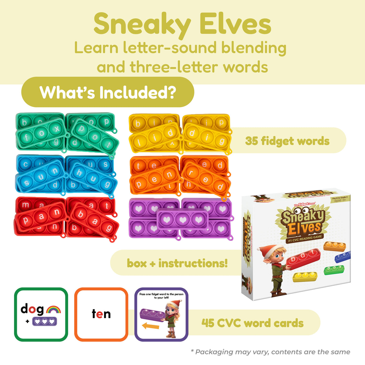 Sneaky Elves phonics bundle with colored fidget mats, word cards, and instruction box