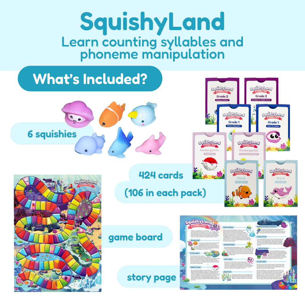 SquishyLand counting and phonics bundle with squishy pieces, cards, and game board