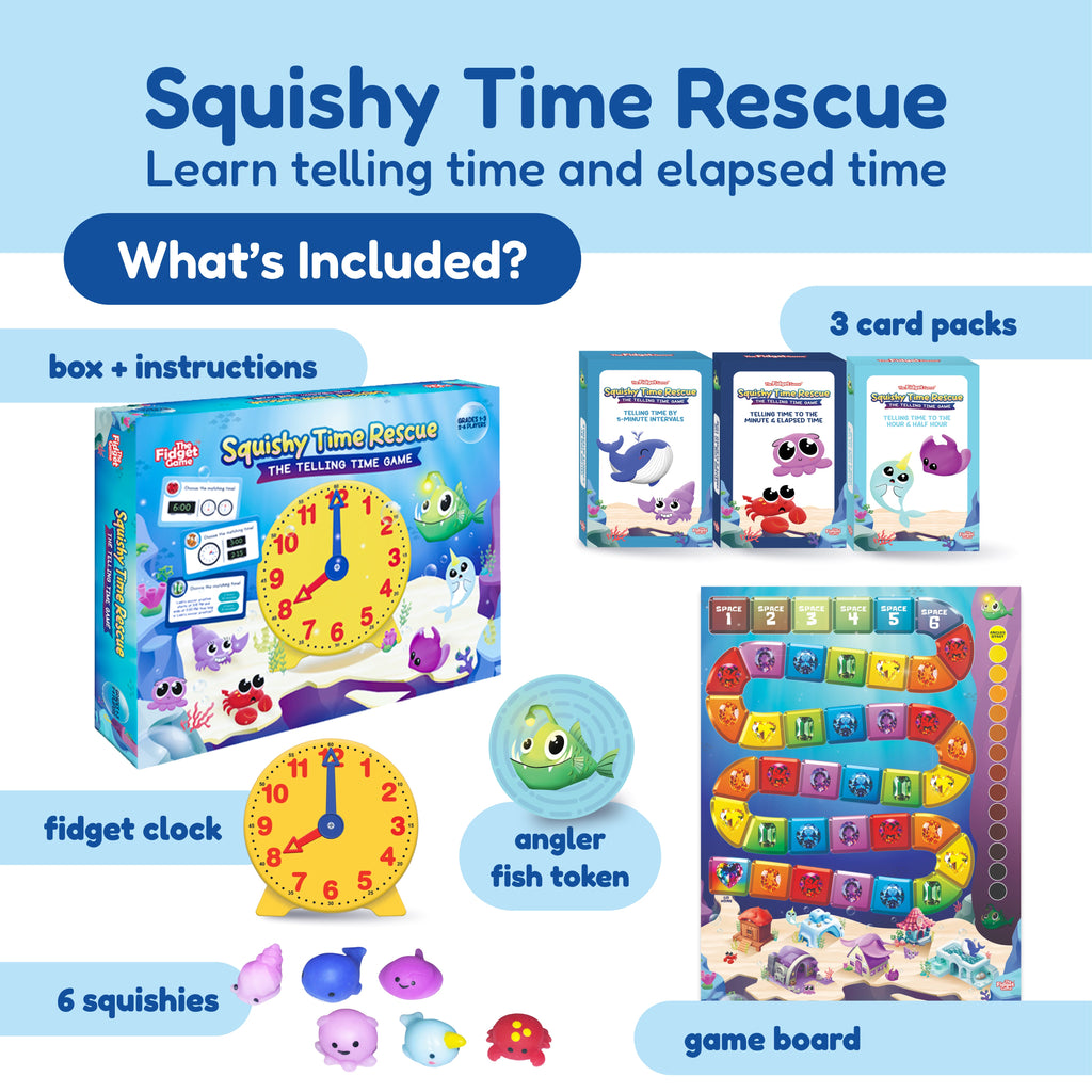 Squishy Time Rescue time-telling game bundle with fidget clock, squishies, and game board