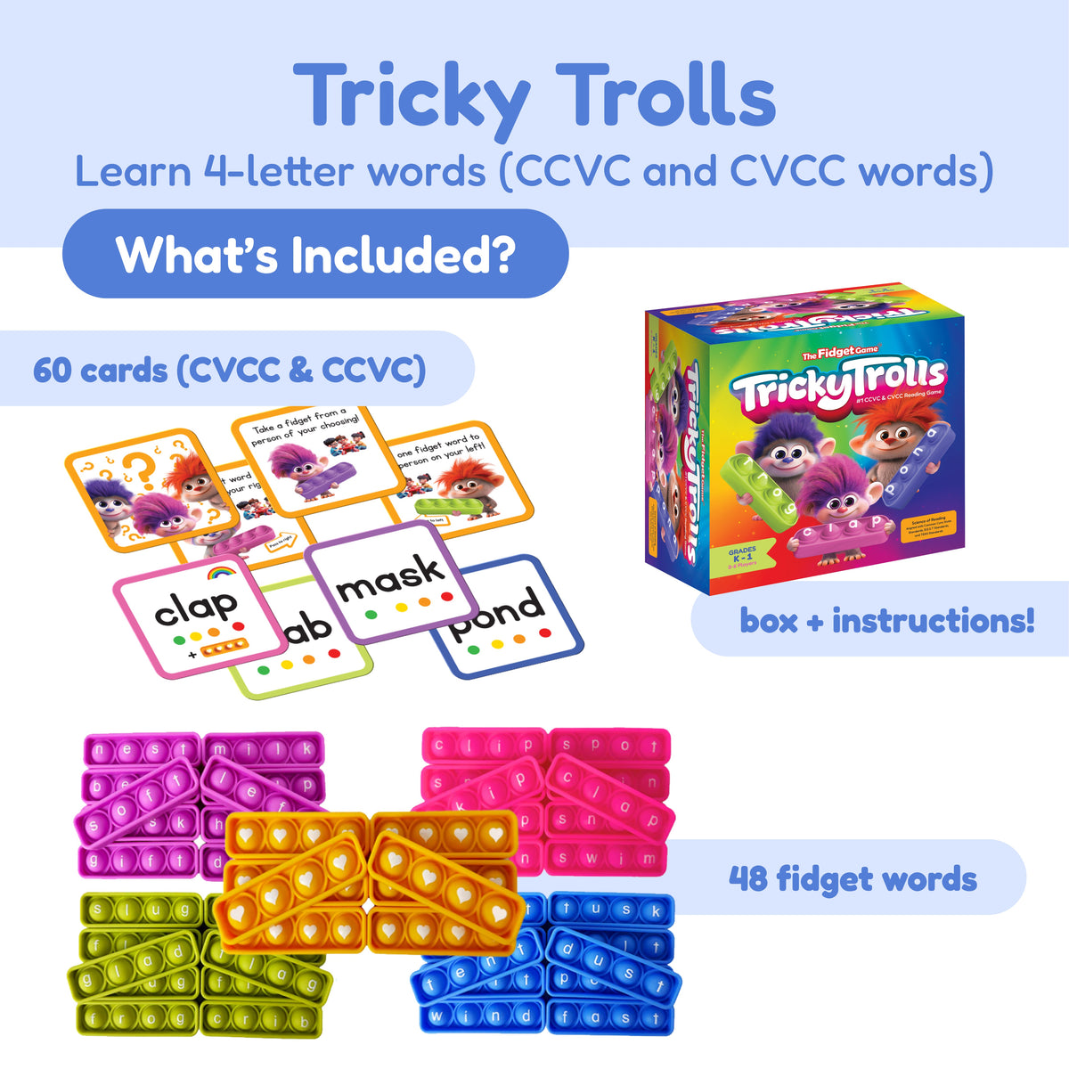 Tricky Trolls 4-letter word game bundle with card set, fidget word mats, and instruction box
